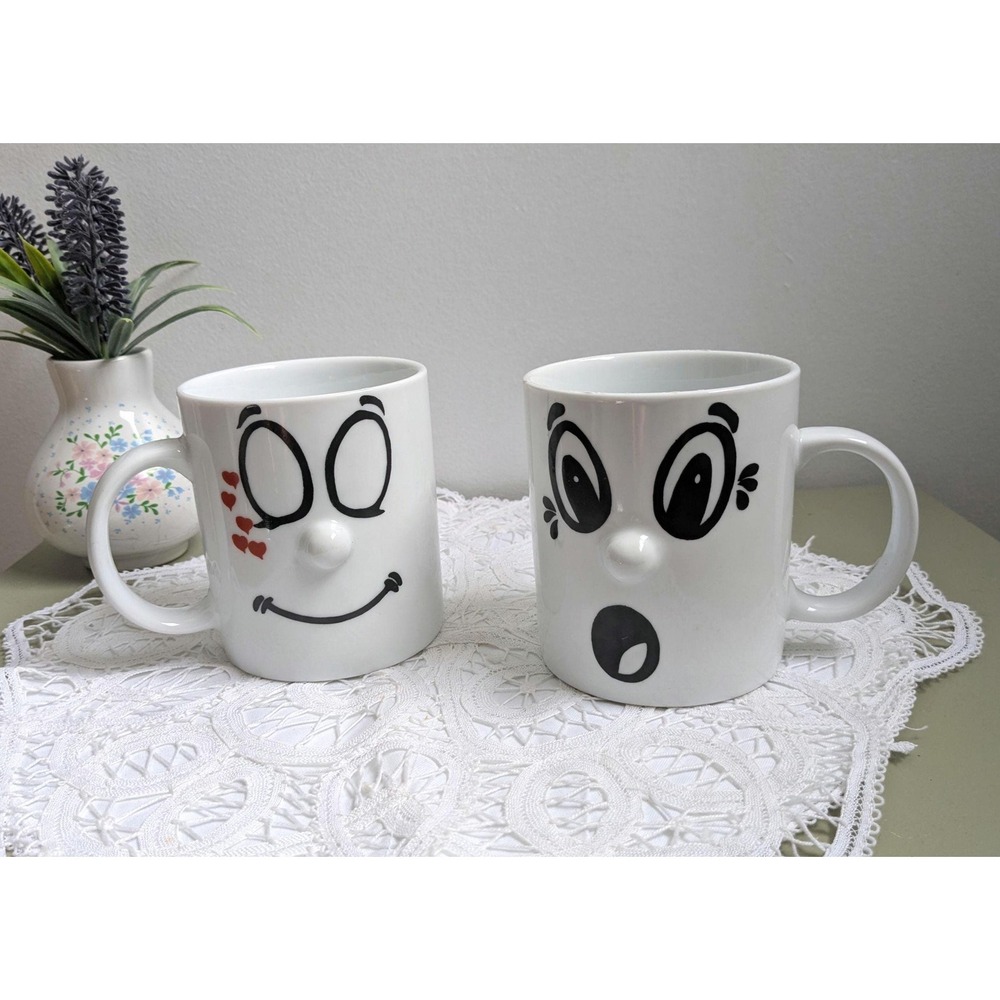 Funny Face Mug Set of 2 | Vintage Novelty Coffee‎ Cups | Cute Couple Mugs